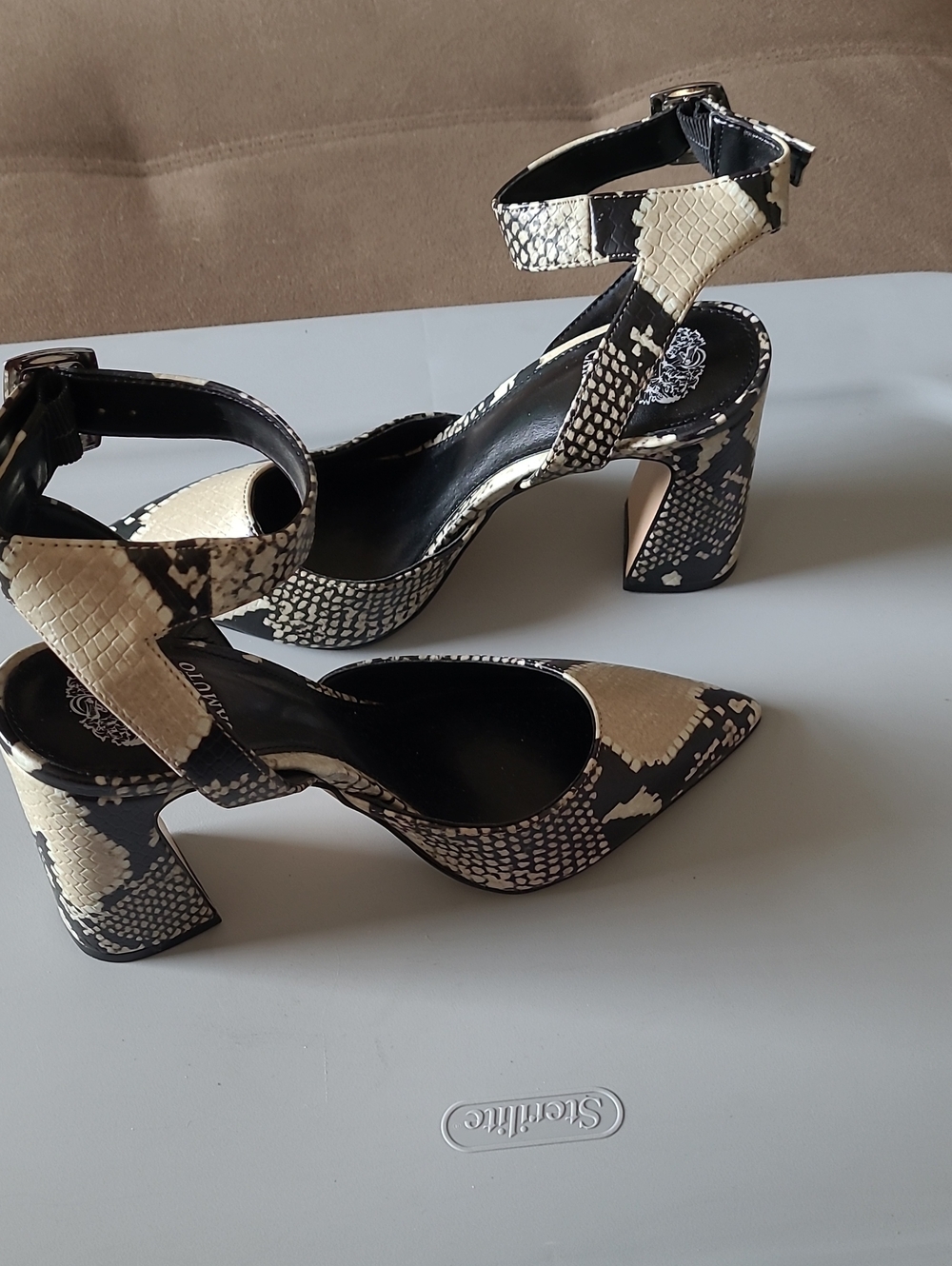 Vince Camuto Women's Black and Cream Snake-Print Ankle Strap Heels Size 7